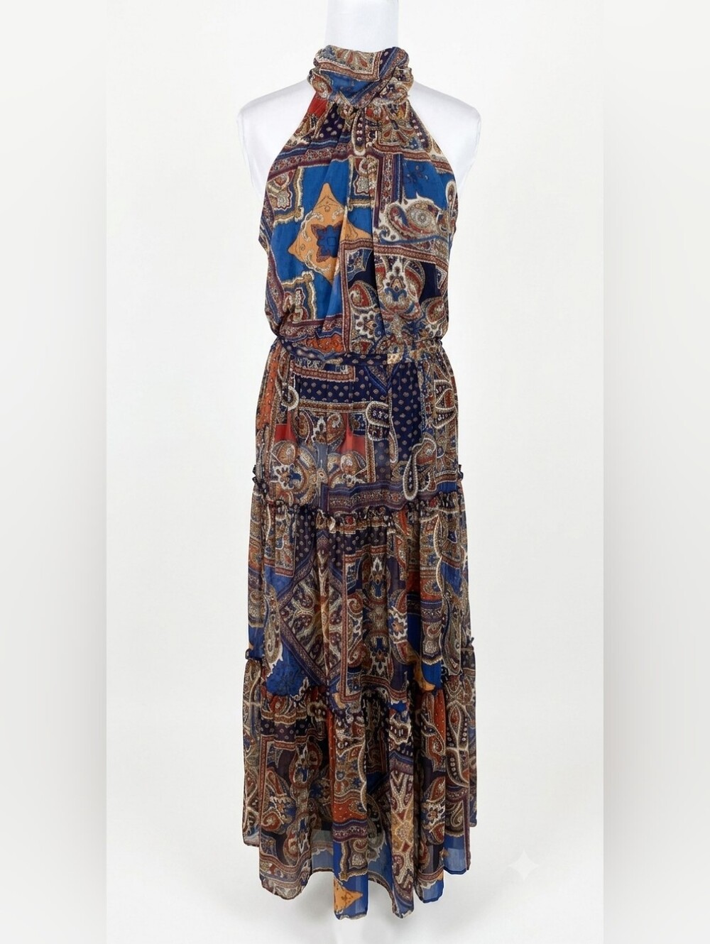 Kate and Lily Patchwork Paisley Halter Maxi Dress Tiered Boho Size 8